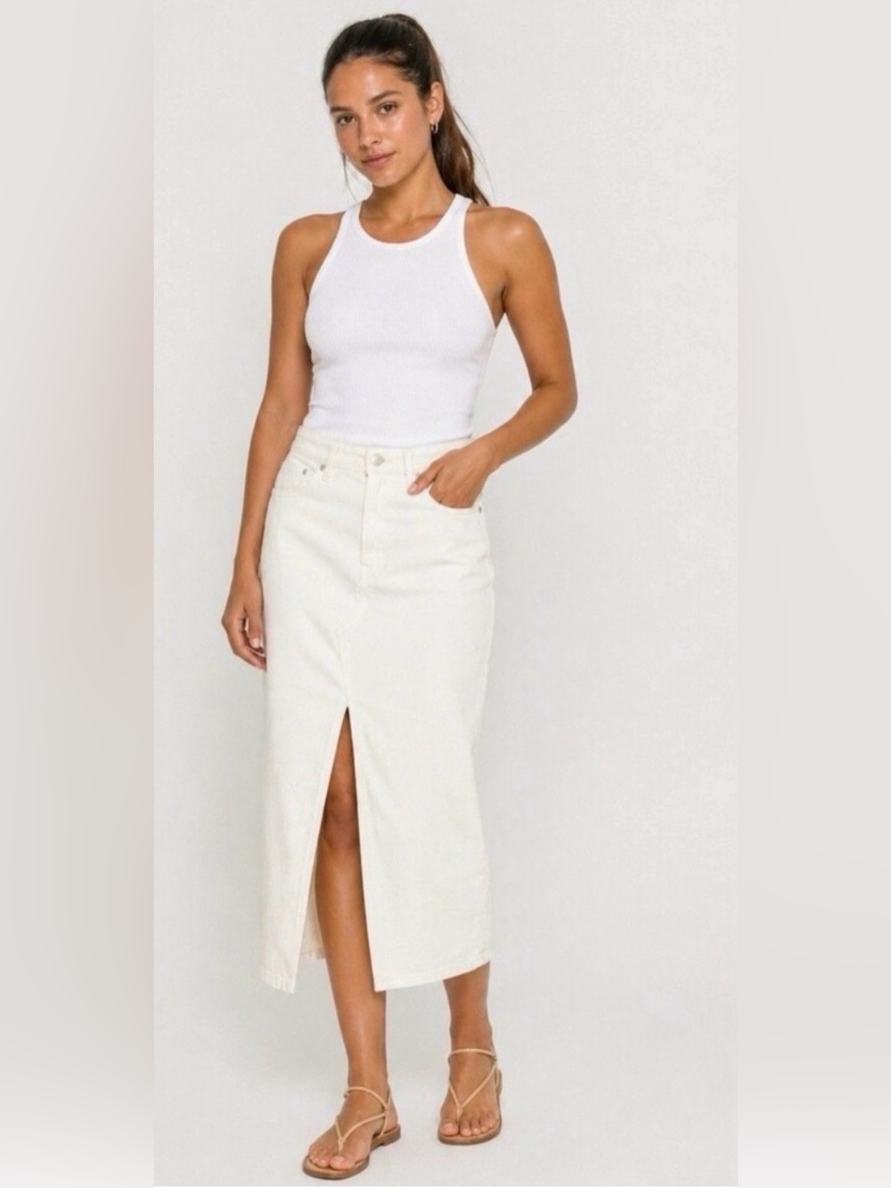 Good American Slit Front Denim Midi Skirt in Cloud White Size 4 / 27 EUC